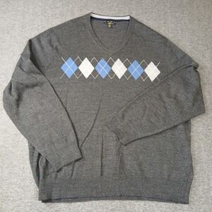 Club Room Mens XXL Gray Argyle V-Neck Merino Wool Blend Pullover Sweater
